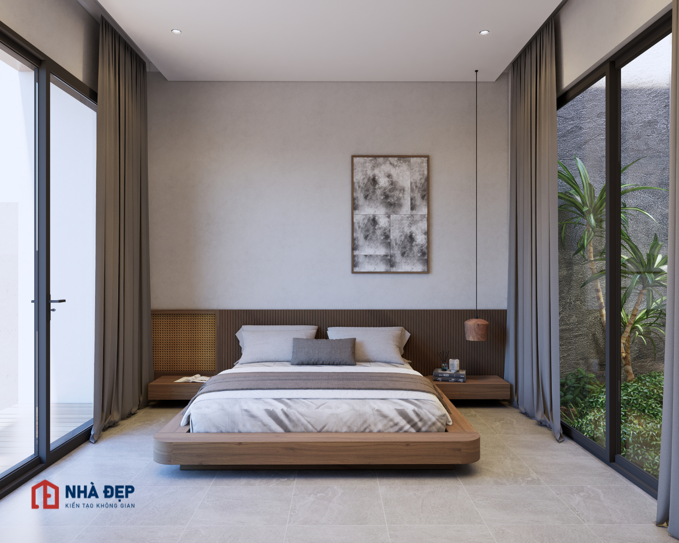 Phòng ngủ được ngăn cách bởi kính cỡ lớn đảm bảo ánh sáng.