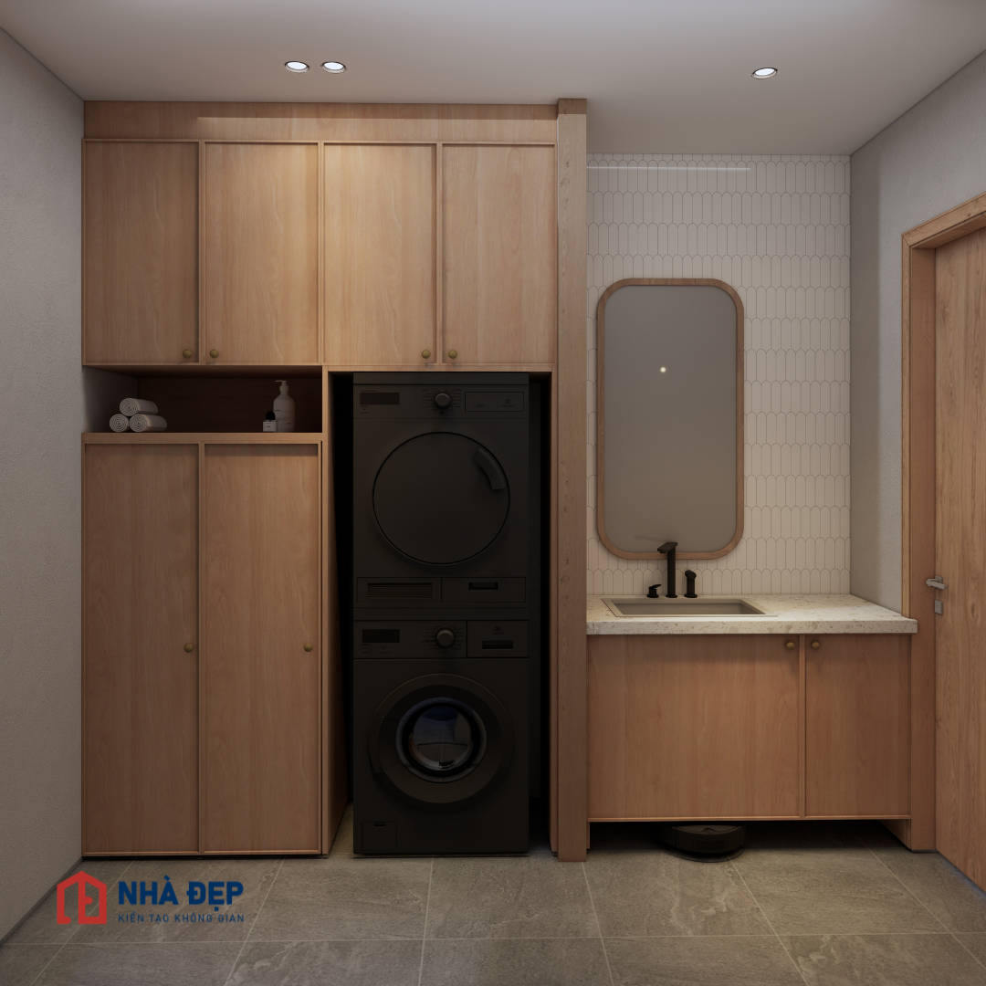 Phòng tắm được thiết kế đơn giản, gọn gàng.