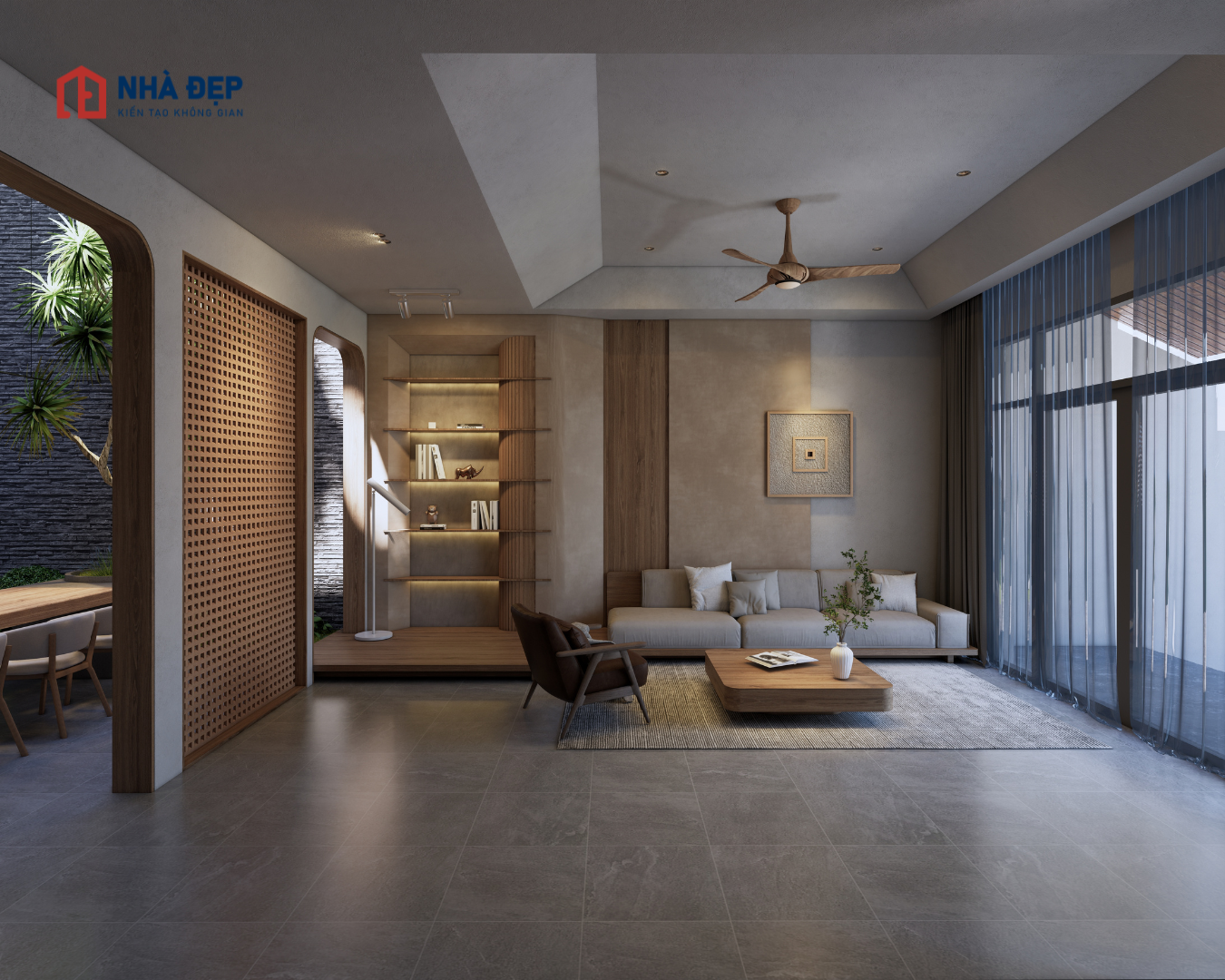 Thiết kế phòng khách thô mộc.